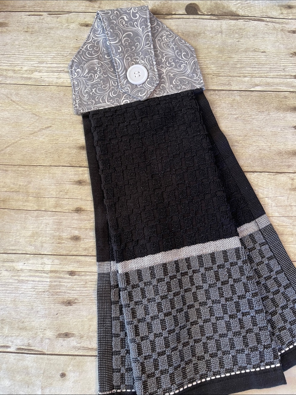 Gray & Black Sewn Top Hanging Towel Pleats at Sides Single Thickness
